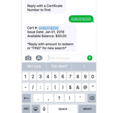 Redeem instant gift certificates via text message