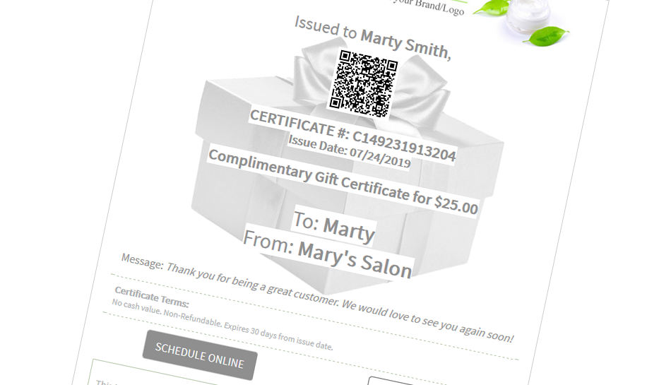 Complimentary Instant Gift Certificate Feature